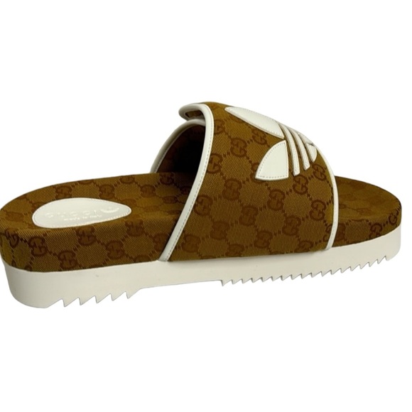 GUCCI NWT TAN BROWN WHITE MEN’S ADIDAS SLIDE SANDALS SIZE 11 MADE IN ITALY - Picture 7 of 11